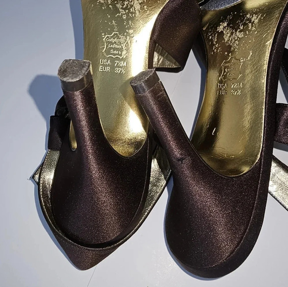 Nina Brown Satin Open Toe Gold Bottom Heels - Picture 5 of 6